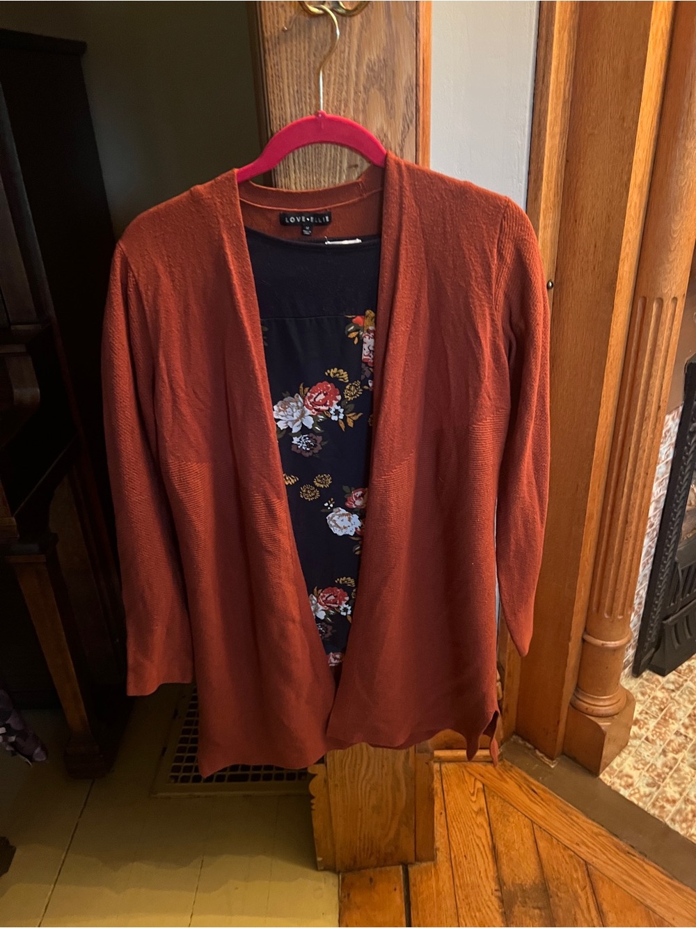 Love Ellie Burnt Orange Open-Front Women's Cardigan w/ floral blouse combo